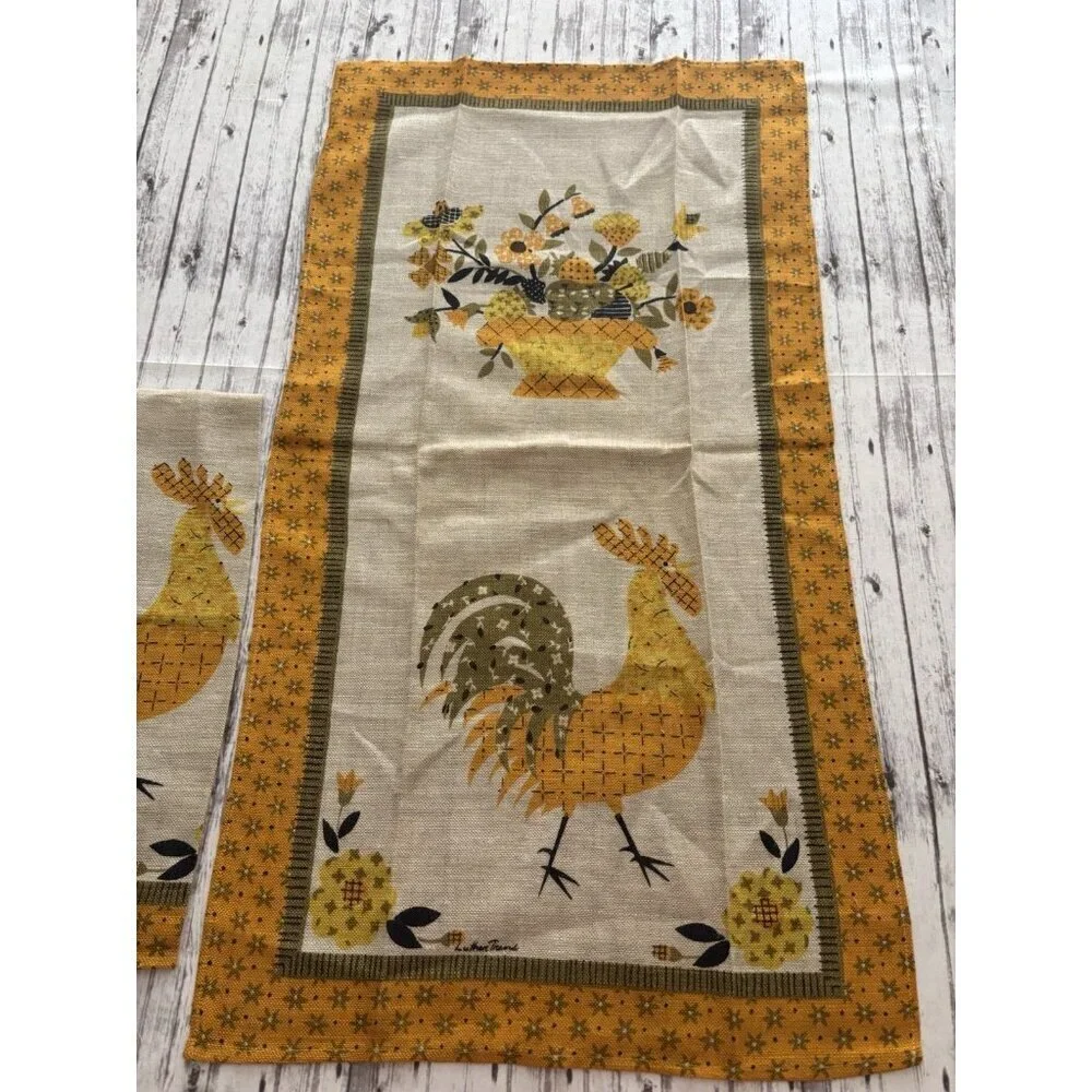 NEW Vintage MCM 60s Linen Tea Kitchen Towels Rooster Chicken PAIR